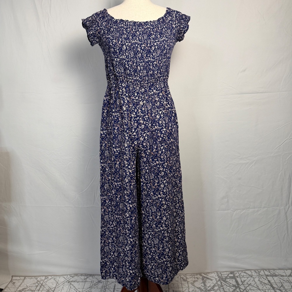 Lulus Navy Blue ditsy Floral Smocked Wide Leg Jumpsuit Womens, light, boho L